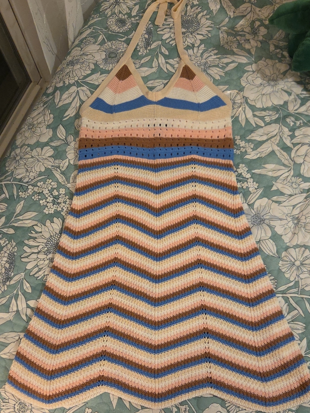 Streetwear Society Chevron Halter Knit Mini Dress in Blue, Cream, Tan & Pink